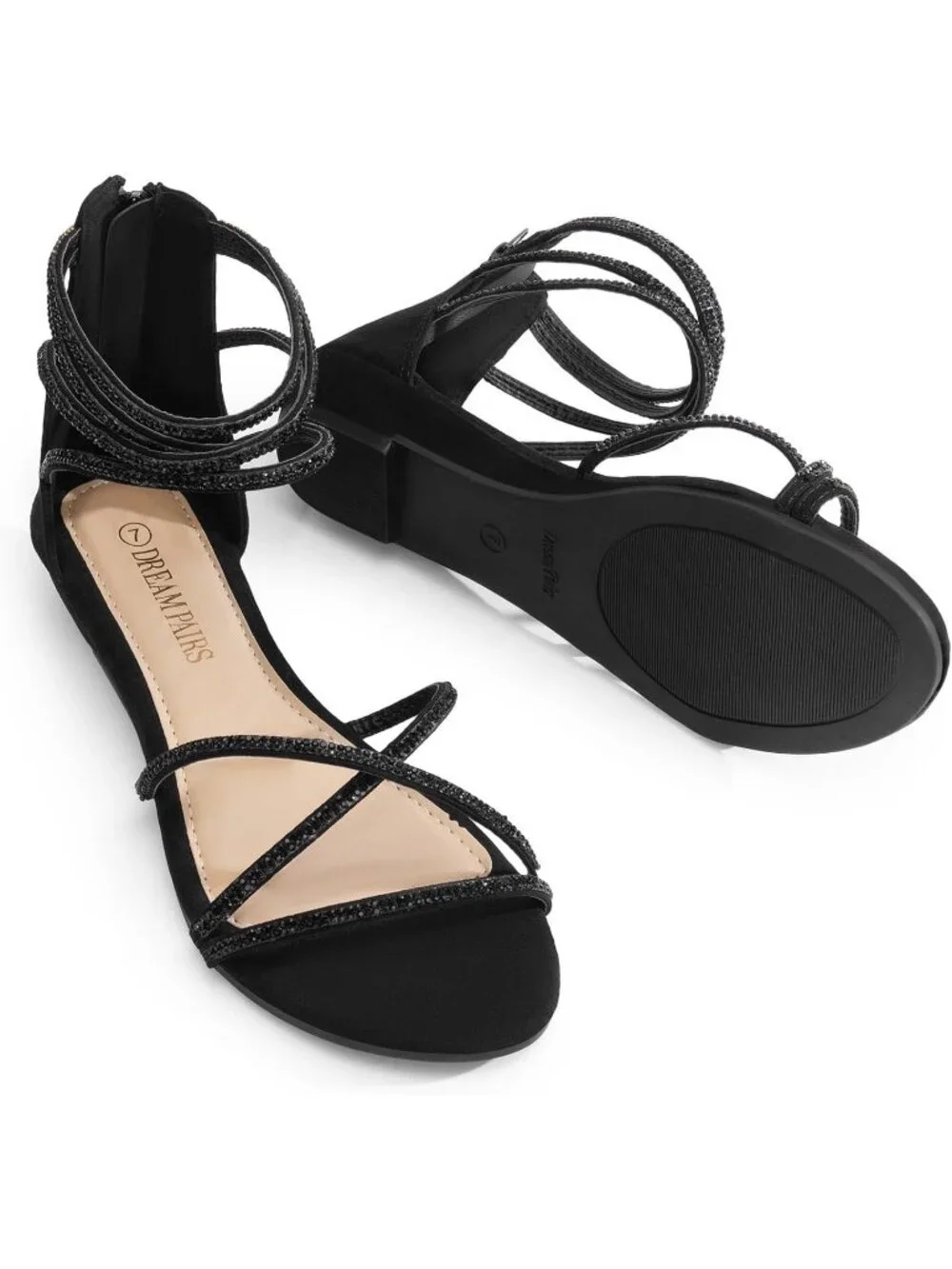 Women's Black Rhinestones Gladiator Flat Sandals Ankle Strap Comfortable Zip